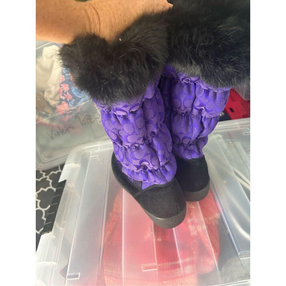 COACH Women's Purple Theona Signature Jacquard Rabbit Fur Winter Boots - Picture 4 of 9